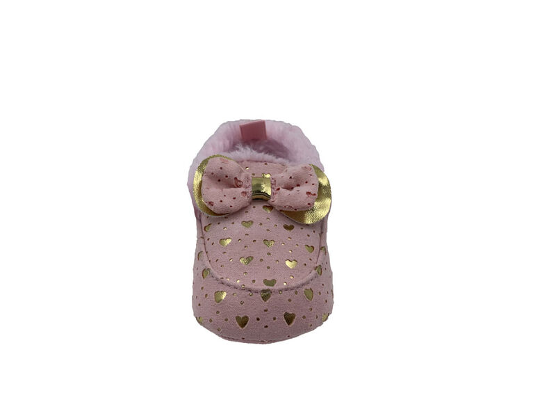 First Steps Pink Faux Suede Girls Slippers with Gold Hearts Size 2, 3-6 months