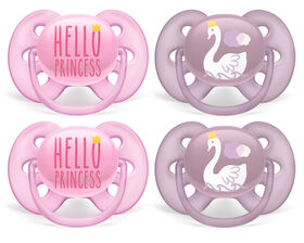 Philips Avent Ultra Soft Pacifier 6-18 months, Hello Princess and Swan Designs, 4 pack