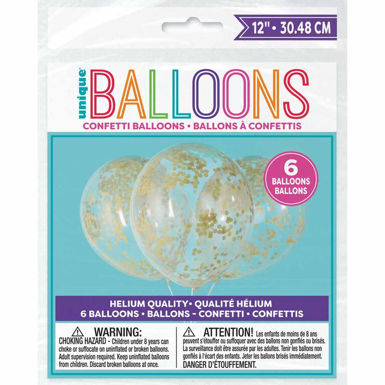 Clear Balloons with Gold Confetti 12", 6 pieces