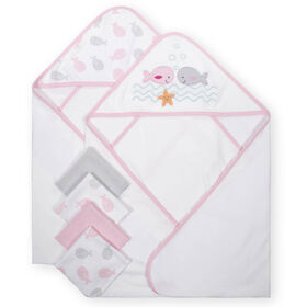 Koala Baby 2-Pack Hooded Towel & 4-Pack Washcoth Set, Pink Whales