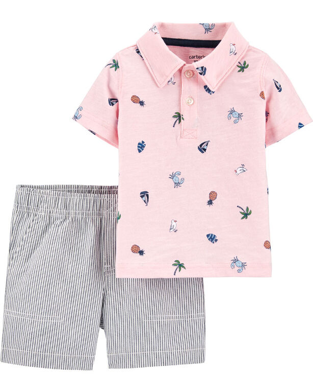 Carter's 2-Piece Beach Polo & Striped Short Set - Pink/Blue, Newborn