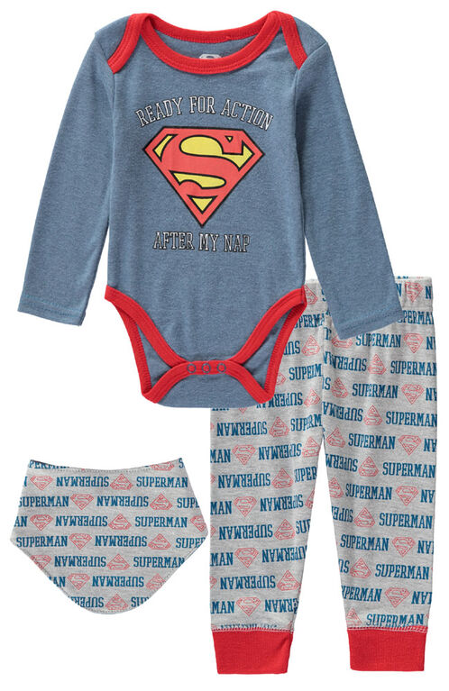 Superman 3 Piece Bodysuit Pant Bib Set - 0-3 Months - Blue