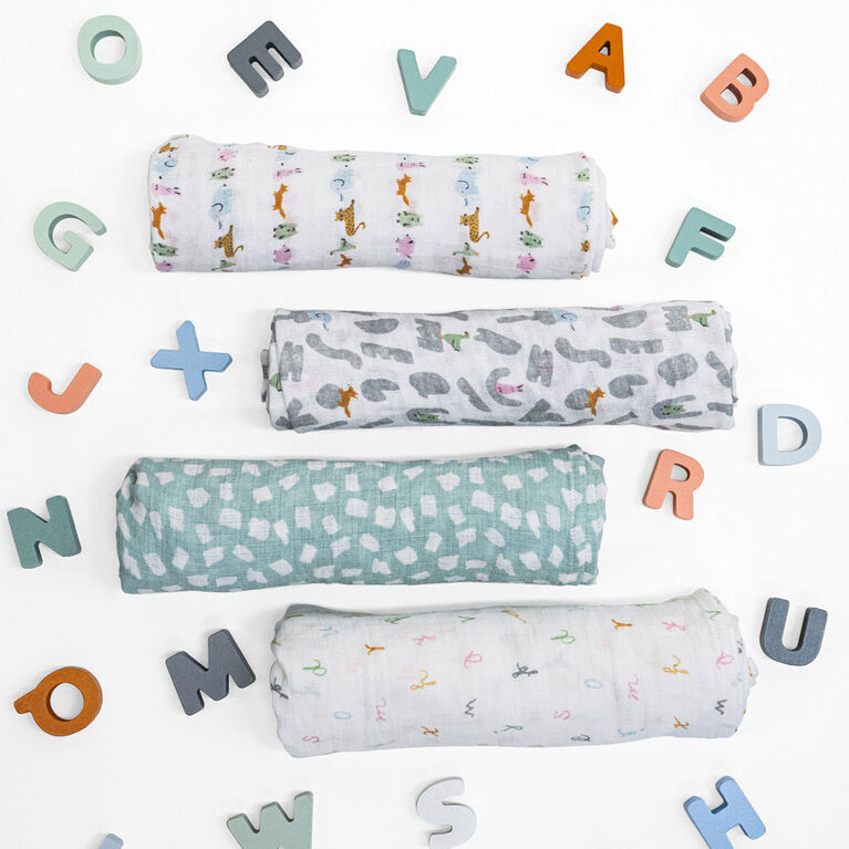 Couverture à Emmailloter en Mousseline de Coton Aden + Anais Essentials Alphabet Animals, Lot de 4