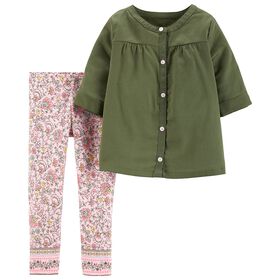 Ensemble 2 pi&egrave;ces haut satin&eacute; boutonn&eacute; et legging fleuri Carter's - olive, 9 mois.