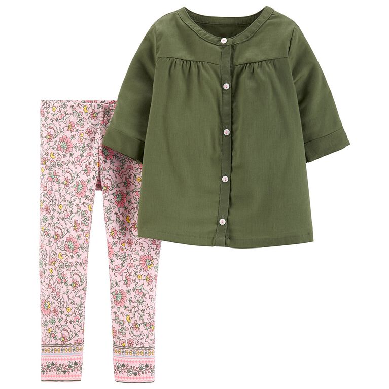 Ensemble 2 pi&egrave;ces haut satin&eacute; boutonn&eacute; et legging fleuri Carter's - olive, 9 mois.
