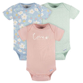 Gerber Childrenswear - 3-Pack Baby Flowers Short Sleeve Onesies Bodysuit - 0-3M