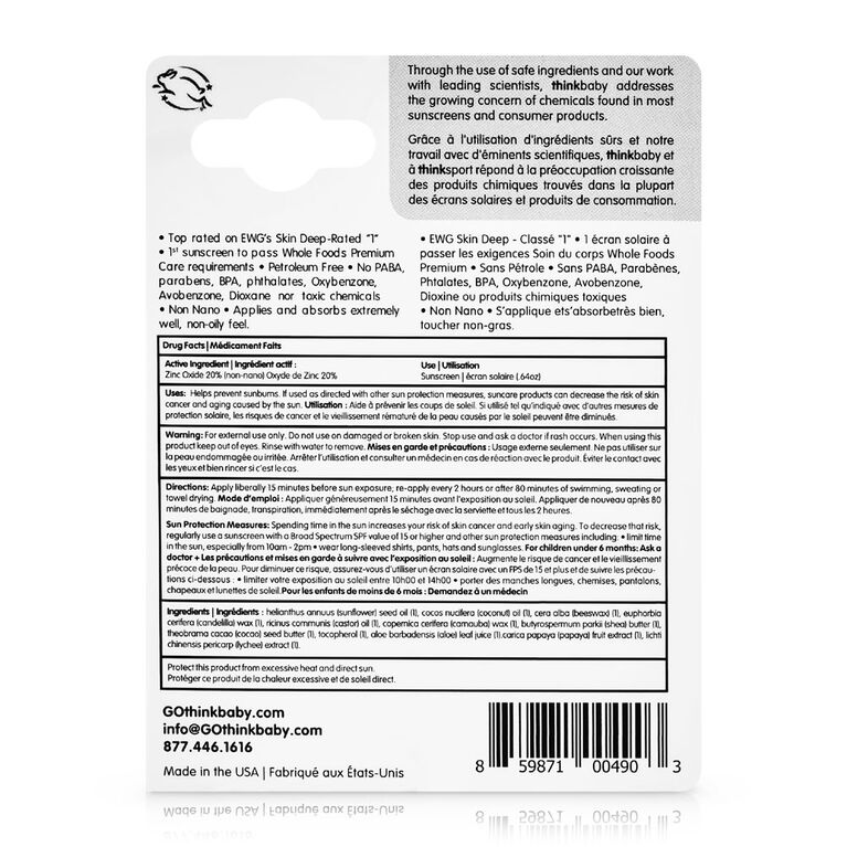 Thinkbaby Mineral Based Safe Sunscreen Stick Spf 30+ 0.64 Oz
