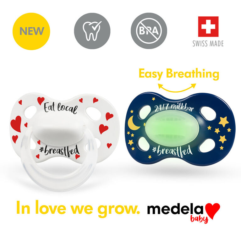 Medela Baby new DAY & NIGHT Pacifier, 24-hour set with glow in the dark pacifier, BPA free, Lightweight and orthodontic. 0-6 mo Unisex