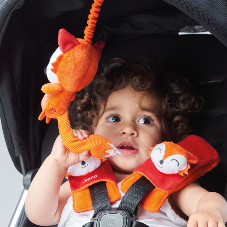 Diono Fox Character Car Seat Straps & Linkee Toy, Shoulder Pads for Baby, Infant, Toddler, 2 Pack Reversible Soft Seat Belt Cushion and Stroller Harness Covers Helps Prevent Strap irritation