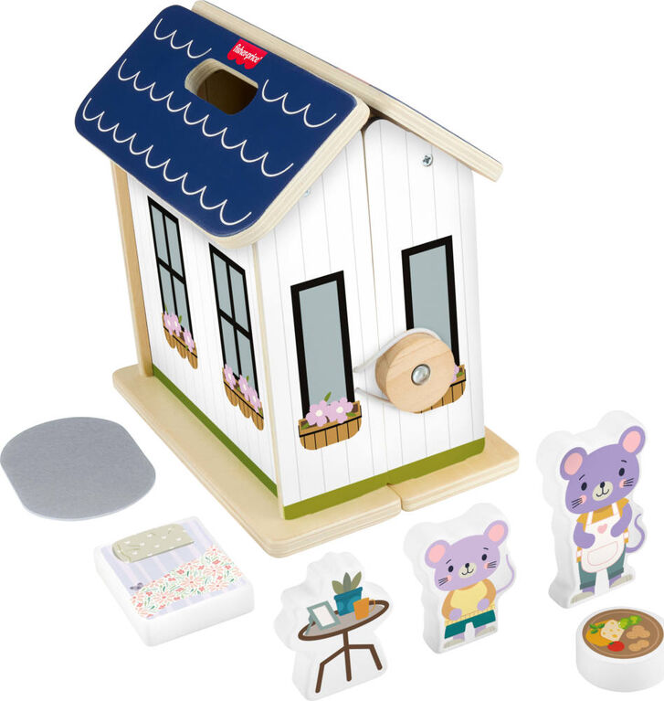 Fisher-Price Wooden On-the-Go Play House Dollhouse with 6 Play Pieces for Preschool Kids