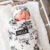 Lulujo Baby Hello World Newborn Bamboo Hat and Swaddle Blanket Set Black Floral