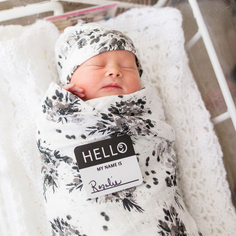 Lulujo Baby Hello World Newborn Bamboo Hat and Swaddle Blanket Set Black Floral