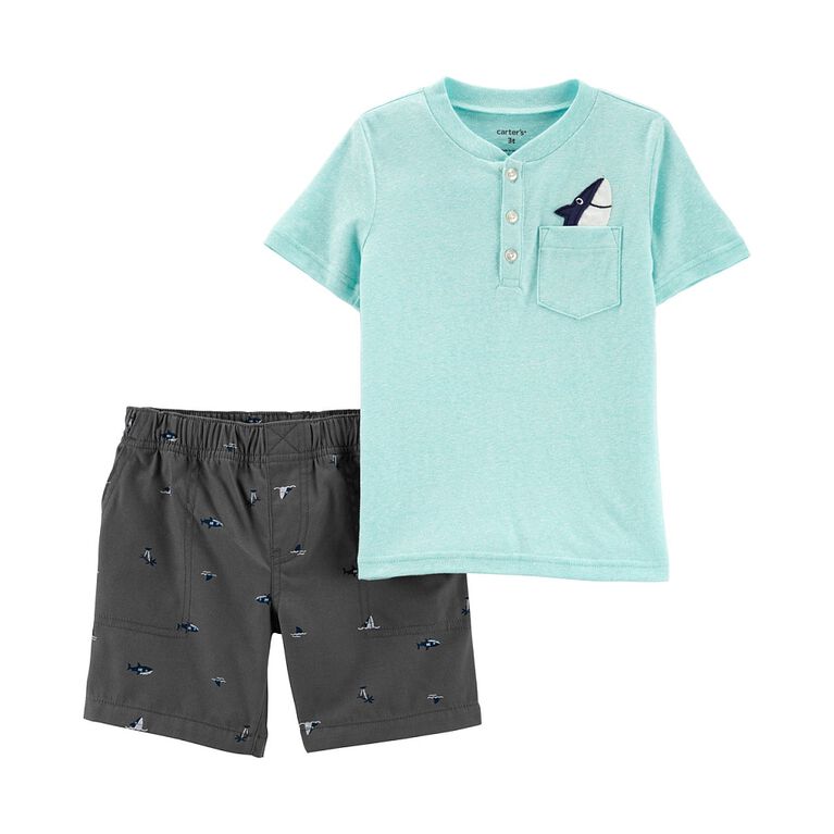 Ensemble 2 pièces haut henley et short à requin Carter's - bleu, 3 mois