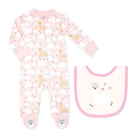 Baby Mode Ensemble pyjama 2 pièces avec bavoir : Lama rose 0-3m
