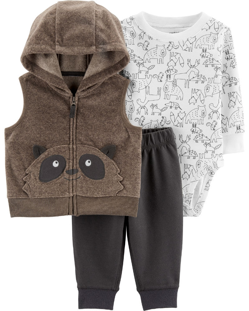 Carter s 3 Piece Raccoon Vest Set Brown Newborn