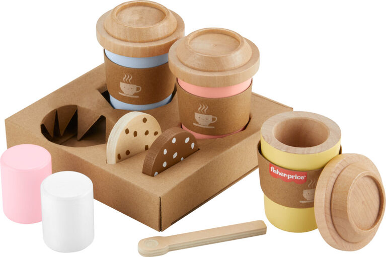 Coffret de jeu en bois Café pour emporter Fisher-Price, coffret de jeu préscolaire, 15 éléments en bois