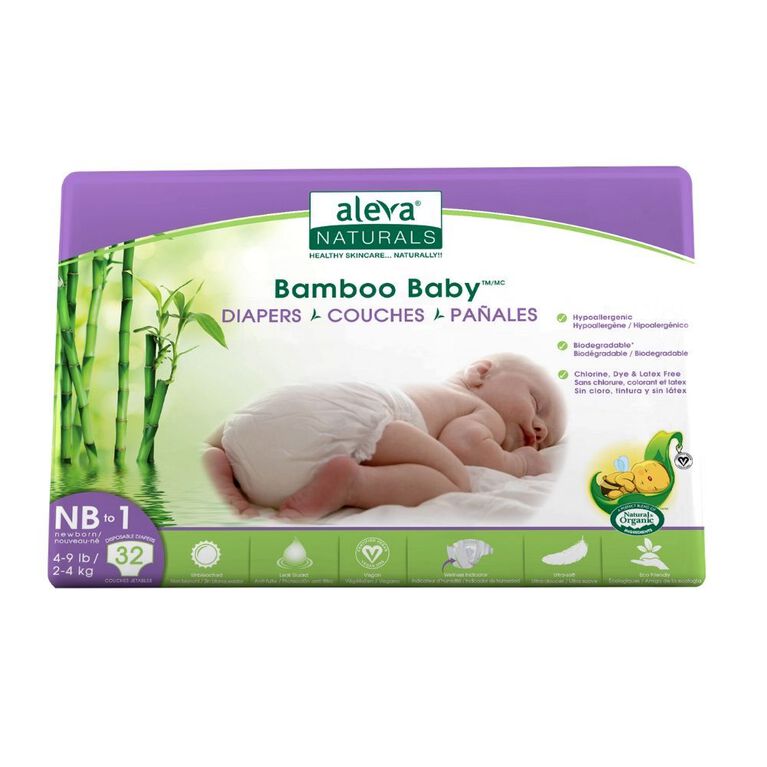 Aleva Naturals Bamboo Baby Diapers, 32 Count Newborn to