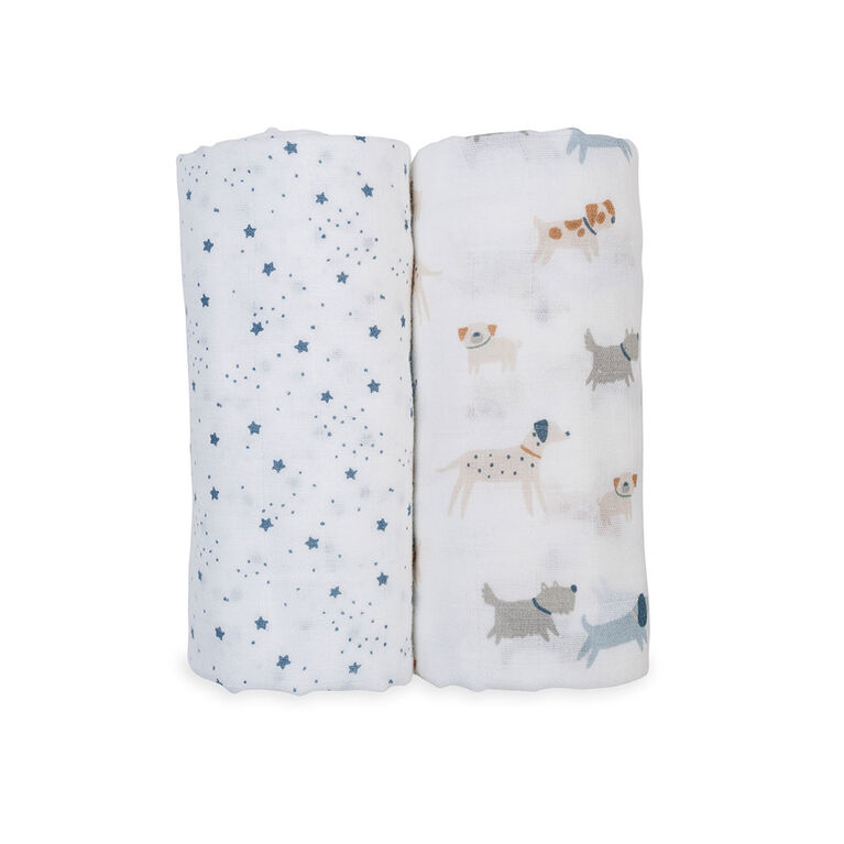 Lulujo - 2 Pack Cotton Muslin Swaddles - Puppy+Stars