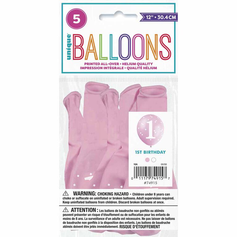 Pink Gingham 1st Birthday 12" Ballons, 5un
