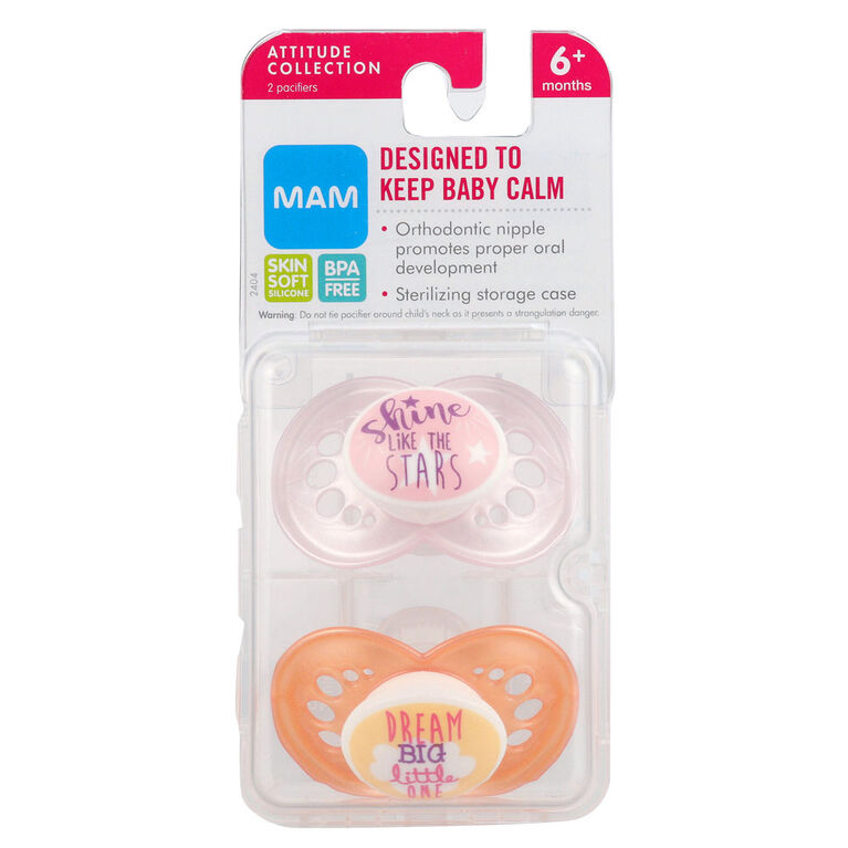 MAM Attitude Orthodontic Pacifier, 6+ Months 2-Count, Pink