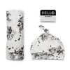 Lulujo Baby Hello World Newborn Bamboo Hat and Swaddle Blanket Set Black Floral