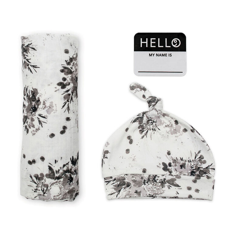 Lulujo Baby Hello World Newborn Bamboo Hat and Swaddle Blanket Set Black Floral