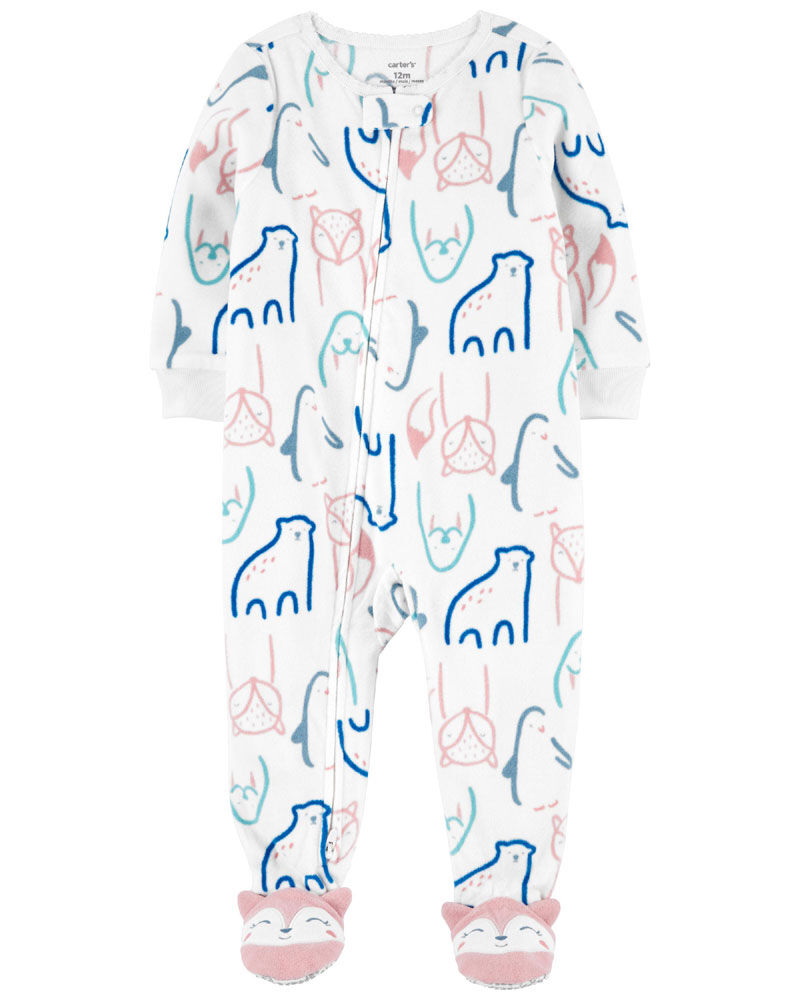 Carter s One Piece Fleece Animal Print White Footed Pajama White