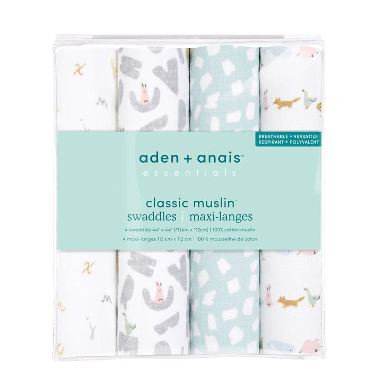 Aden + Anais Essentials 4-Pack Muslin Swaddle Alphabet Animals