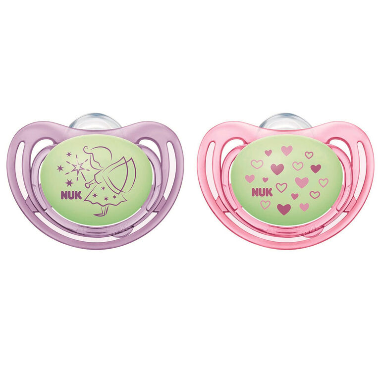 NUK Airflow Glow-in-the-Dark Pacifiers, 6-18 Months, 2 Pack, Assorted Colors