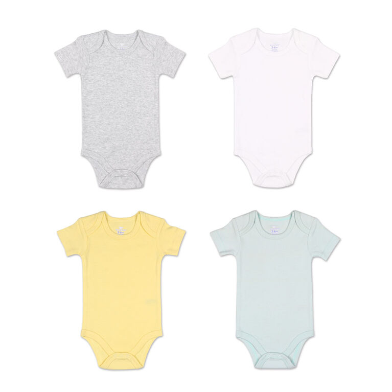 Koala Baby 4Pk Short Sleeved Solid Bodysuits, Yellow/Green/Heather Grey/White, Size Preemie
