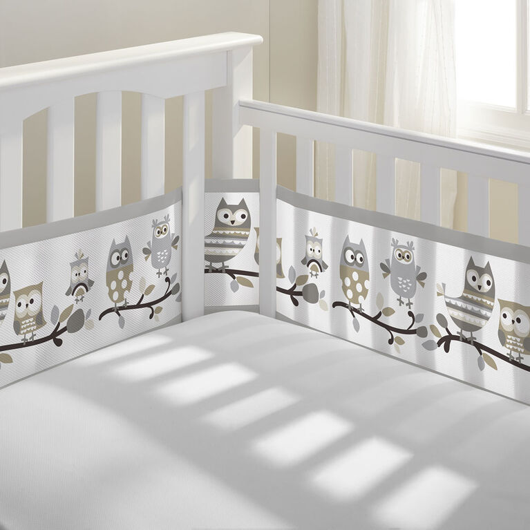 BreathableBaby Breathable Mesh Crib Liner - Classic Collection - Owl Fun Gray - Fits Full-Size Four-Sided Slatted and Solid Back Cribs - Anti-Bumper