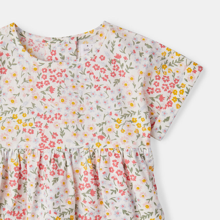 RISE Little Earthling Empire Dress Short Sleeve White Floral Print