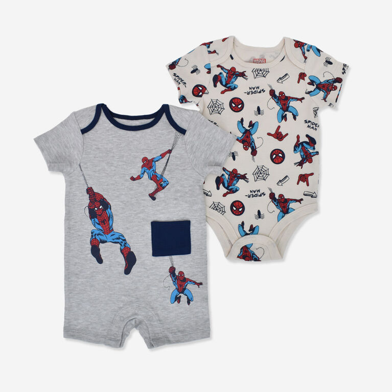 Marvel Spiderman 2 Piece Bodysuit/Romper Set Grey 0-3 Months