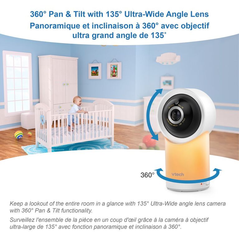 VTech RM5766HD, Moniteur de bébé vidéo intelligent 1080p avec accès à distance de 360 degrés à panoramique et inclinaison haute définition de 720p à écran de 5 po, vision nocturne (blanc)