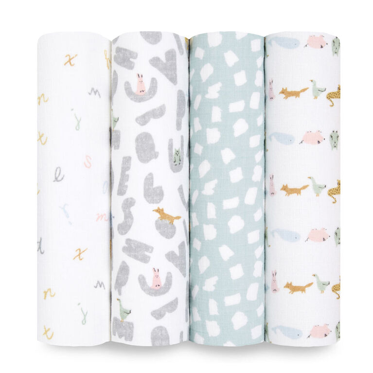 Aden + Anais Essentials 4-Pack Muslin Swaddle Alphabet Animals