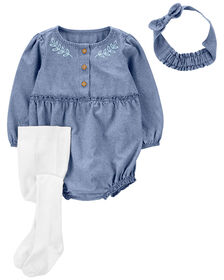 Carter's Three Pack Bodysuit, Headwrap And Tights Set Blue
