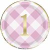 Pink Gingham 1st Birthday Assiettes 9po, 8un