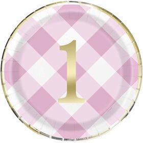 Pink Gingham 1st Bday 9"  Plates 8 pieces