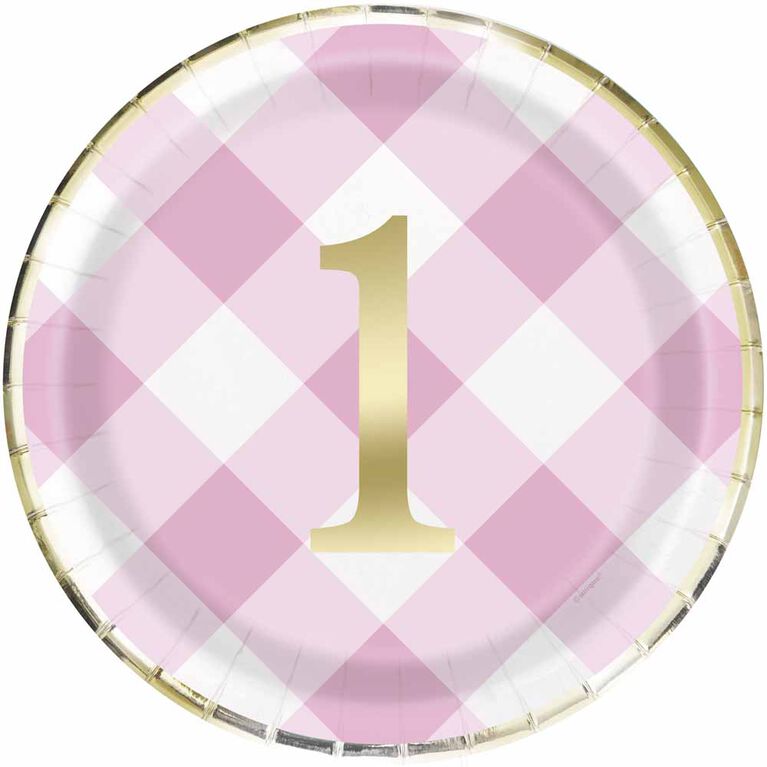 Pink Gingham 1st Birthday Assiettes 9po, 8un