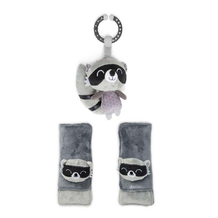 Diono Racoon Character Car Seat Straps & Linkee Toy, Shoulder Pads for Baby, Infant, Toddler, 2 Pack Reversible Soft Seat Belt Cushion and Stroller Harness Covers Helps Prevent Strap irritation