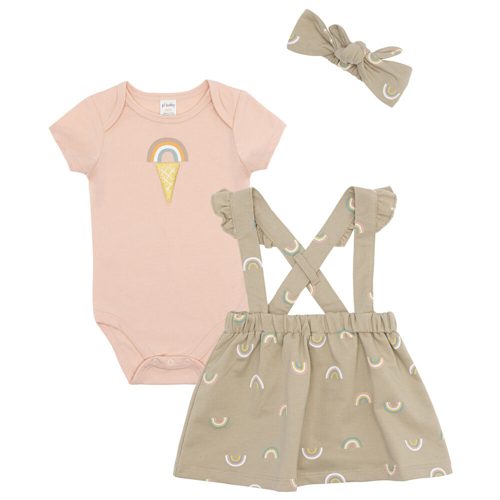 Petit Lem Baby 3 Piece Overall Skirt Set Knit Beige
