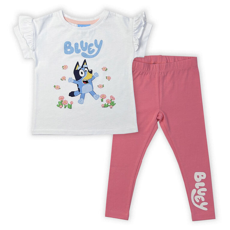 Bluey 2 Piece Short Sleeve Top & Legging Set - White/Pink 5T