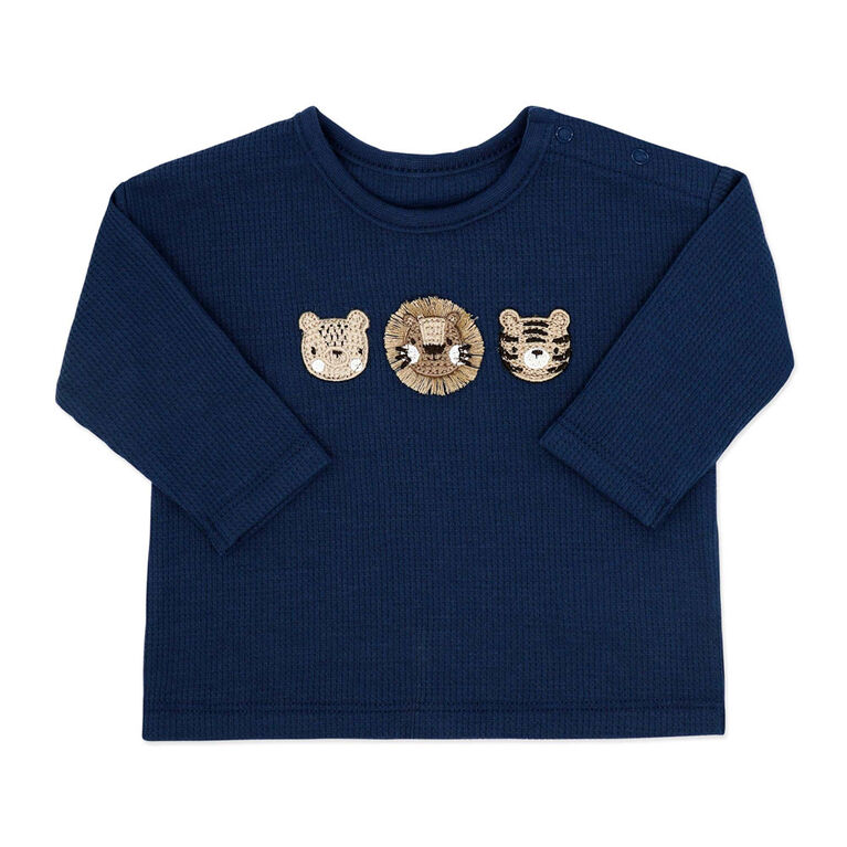 Baby Mode Ensemble 3 pièces pantalon et chapeau gaufré : Animal safari bleu 6 mois