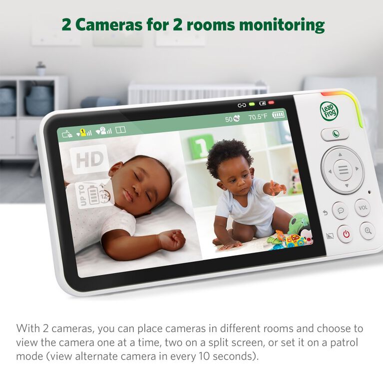 LeapFrog Moniteur de bébé Wi-Fi 1080p panoramique à 360 degrés et inclinaison à 2 camér affichage haute définition 720p de 5 po, veilleuse, vision nocturne couleur, LF925-2HD (blanc)   