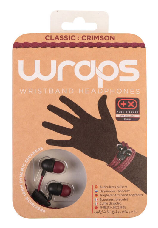 WRAPS - Classic Crimson - Wristband Headphones with Anti-Tangle Storage, and a Crimson Braided Fabric Cable