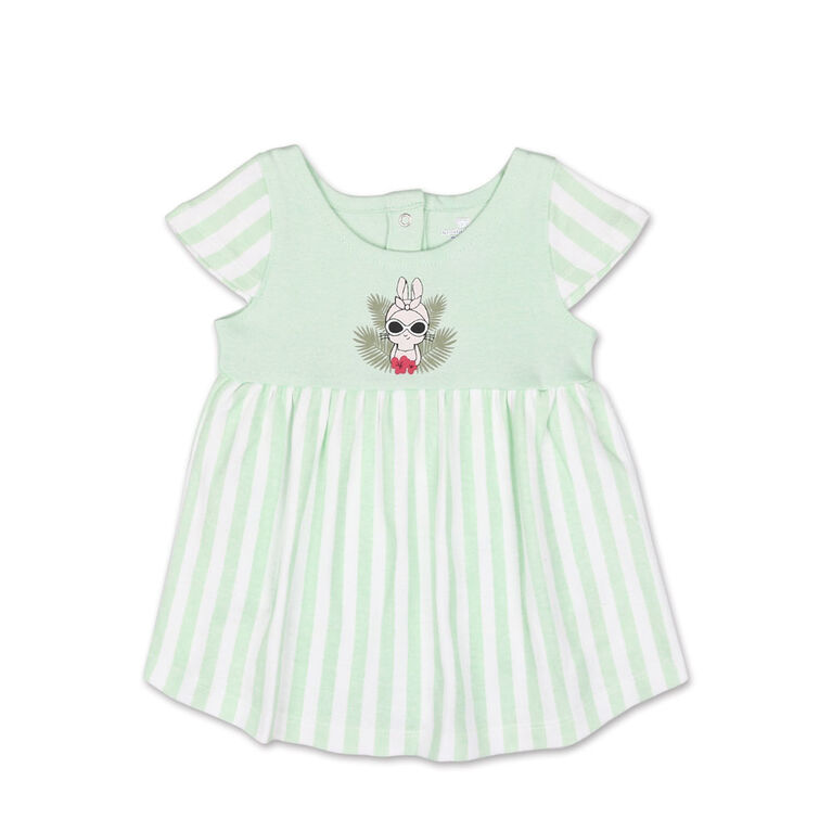 Koala Baby Short Sleeve Bunny Green Striped Dress - 3-6 Months