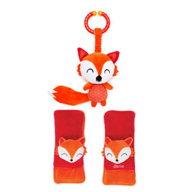 Diono Fox Character Car Seat Straps & Linkee Toy, Shoulder Pads for Baby, Infant, Toddler, 2 Pack Reversible Soft Seat Belt Cushion and Stroller Harness Covers Helps Prevent Strap irritation