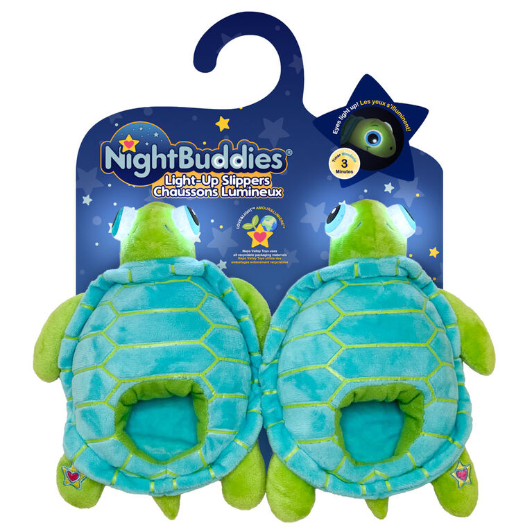 Chaussons NightBuddies Tortue Verte en Peluche Yeux Lumineux