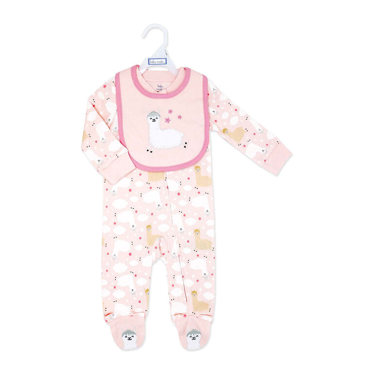 Baby Mode Ensemble pyjama 2 pièces avec bavoir : Lama rose 0-3m