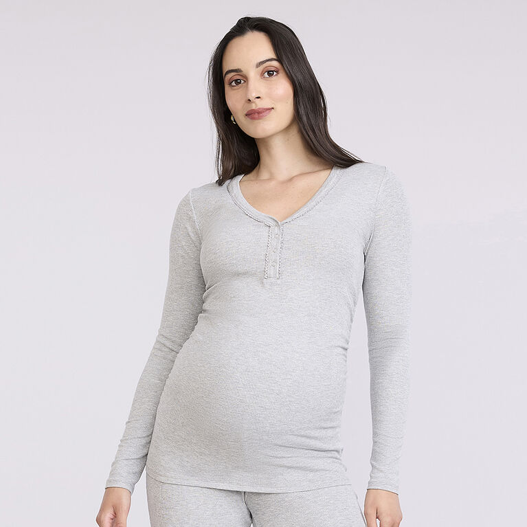 Motherhood - Long Sleeve Snap Henley Nursing Top - Grey Mix - L
